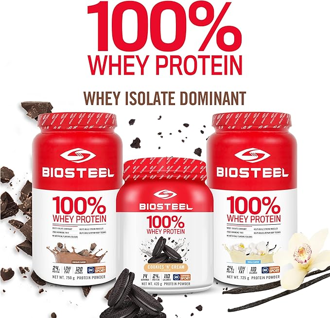 BIOSTEEL Sports 100% Whey Protein Powder, rBGH Hormone Free and Non-GMO Post Workout Formula, Cookies & Cream Flavour, 14 Servings, Brown