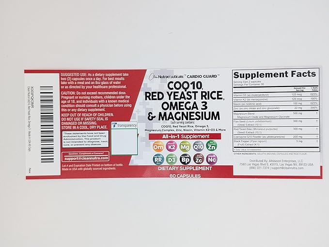 Clean Nutraceuticals COQ10 200mg Red Yeast Rice Omega 3 Magnesium Complex 500mg Niacin Zinc Vitamin K2 D3 - Heart Support Vitamins for Women & Men w/Vitamin B3, Coenzyme Q10-60 Ct