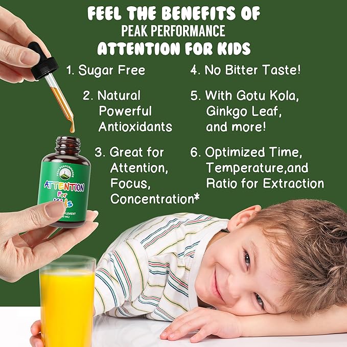 Kids Focus Drops. Attention Deficit Liquid Supplement for Concentration, Attention, Brain, Memory. No Bitter Taste. Natural Non-Habit Forming Sugar Free 7-in-1 Vegan Nootropic for Children, Teenagers