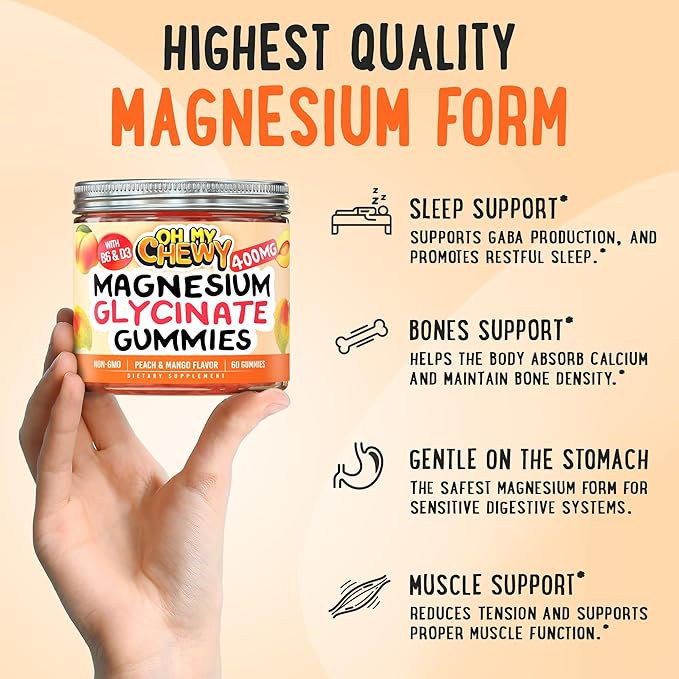 Center-Filled Magnesium Glycinate Gummies 400MG - High Absorption for Kids, Teens & Adults - Supplement for Sleep, Calm & Muscle Relaxation with B6 & D3 - Gluten Free & Vegan Friendly - 60 Count