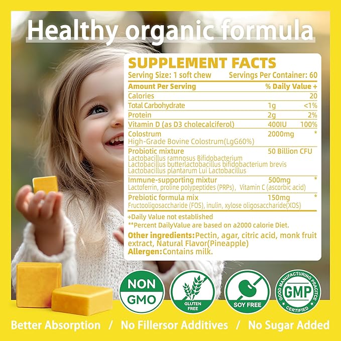 Colostrum Chews Supplement with probiotics for Gut Health, Bloating, Immune Support, Skin, Hair Growth and Beauty - Pineapple Flavor (60 Servings)