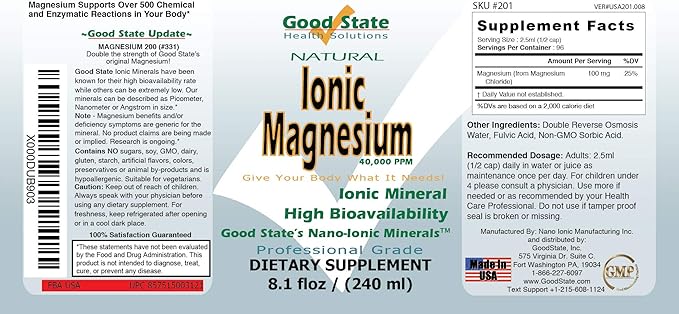 Good State Ionic Magnesium 8 oz - Natural - Nano Sized Mineral Technology - Professional Grade - Supports Healthy Chemical & Enzymes Reactions - 96 Servings (8.1 fl oz)