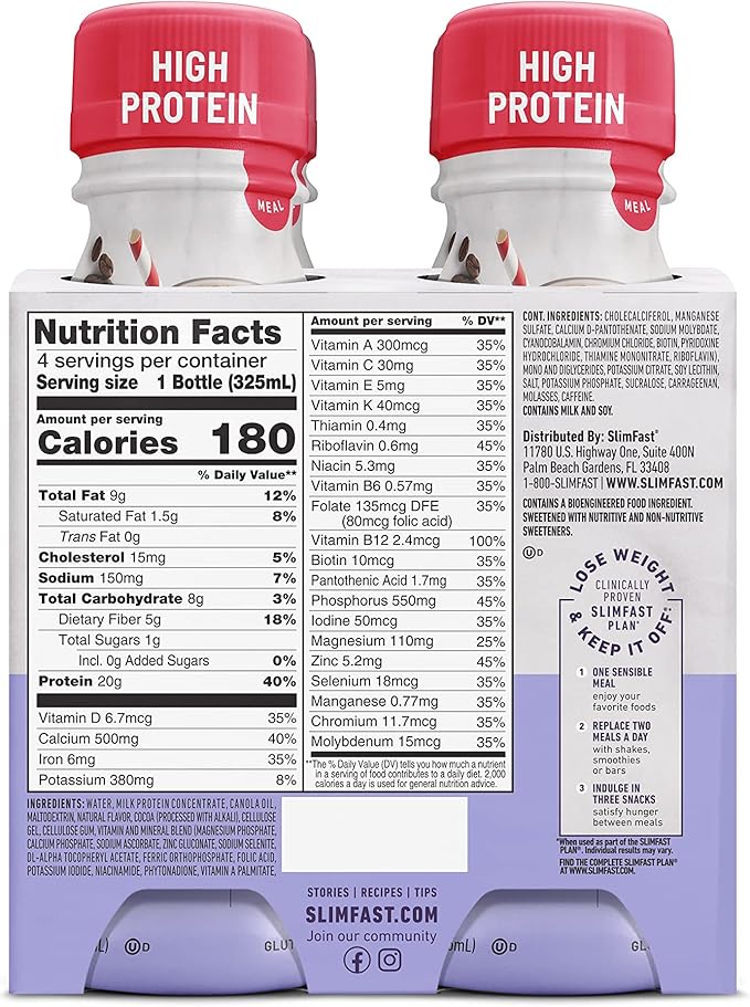 SlimFast Advanced Energy High Protein Meal Replacement Shake, Rich Chocolate, 20g of Ready to Drink Protein with Caffeine, 11 Fl. Oz Bottle, 4 Count (Pack of 3) (Packaging May Vary)