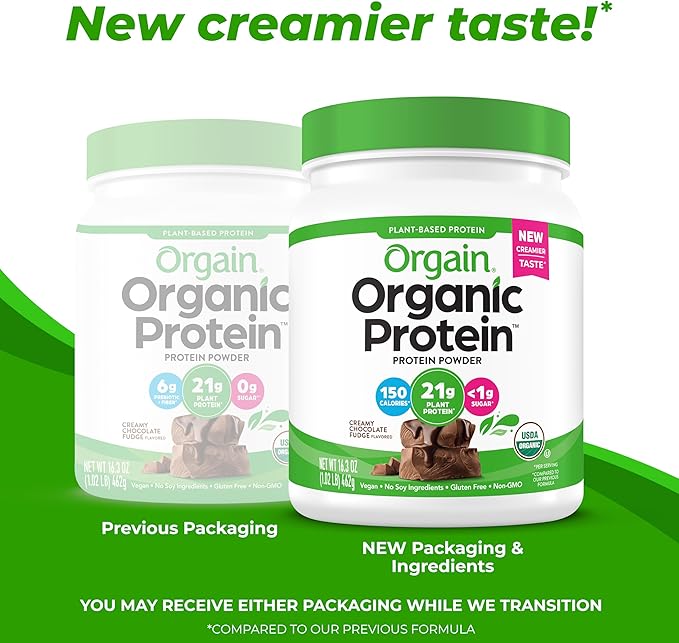 Orgain Organic Vegan Protein Powder, Creamy Chocolate Fudge - 21g Plant Protein, 7g Prebiotic Fiber, Low Net Carb, No Lactose Ingredients, No Added Sugar, Non-GMO, For Shakes & Smoothies, 1.02 lb