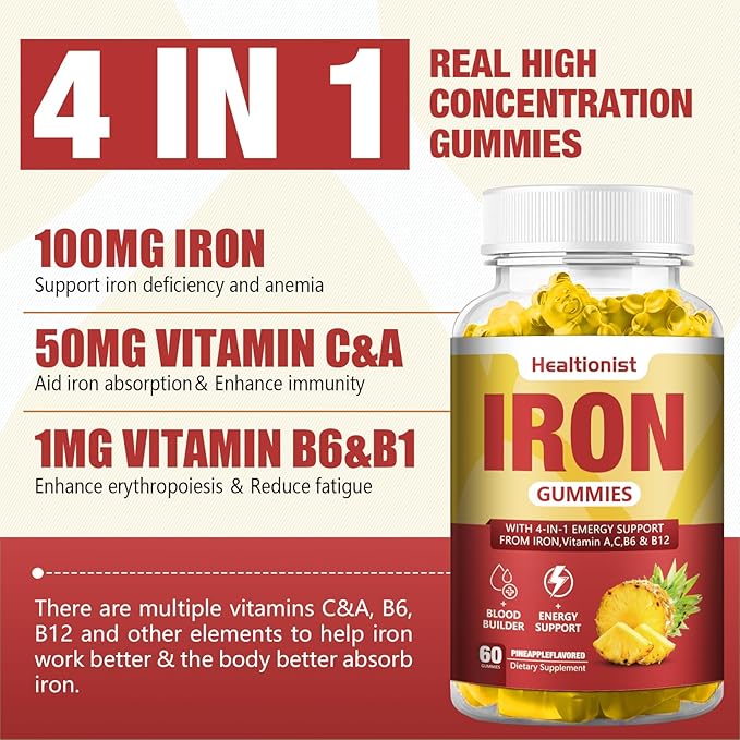 1 Pack Vegan 100Mg Iron Supplements Gummies for Women & Men - Blood Builder & Energy Support for Iron Deficiency, Anemia - Vitamin C, A, B for Adults & Kids, 60 Counts Pineapple Flavor