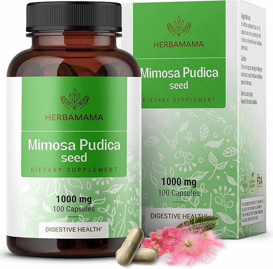 HERBAMAMA Mimosa Pudica Seed Capsules - 1000 mg Mimosa Pudica Plant for Digestive Health - Promoting Digestive Cleanse and Detox Support - Vegan, Non-GMO - 100 Caps