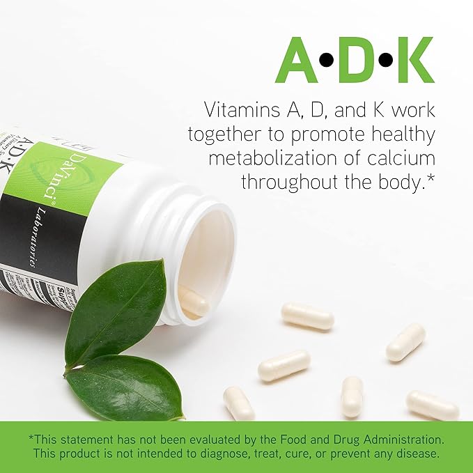 DAVINCI Labs ADK - Helps Support Bone, Heart & Immune Health* - Dietary Supplement with Vitamins A, D3 & K2 (as MK-7) - Vegetarian, Gluten Free & Soy Free - 30 Capsules