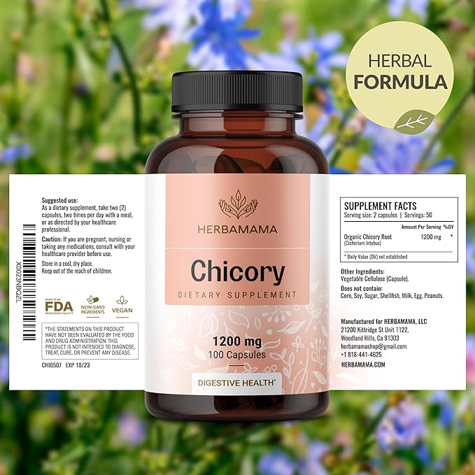HERBAMAMA Chicory Root Fiber Capsules - 1200mg Chicory Root Powder for Gut Cleanse & Digestive Support - Vegan, Non-GMO Inulin Prebiotic Fiber Supplement, 100 Caps