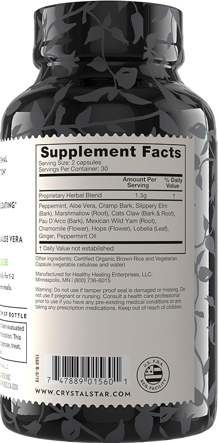 Crystal Star Digestive Support Supplement (60 Capsules) - Herbal Gut Health Supplement That Helps with Occasional Gas & Bloating - Peppermint, Aloe Vera, Slippery Elm & Ginger – Non-GMO
