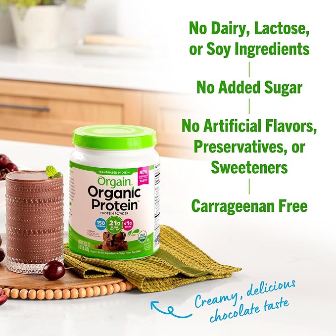 Orgain Organic Vegan Protein Powder, Creamy Chocolate Fudge - 21g Plant Protein, 7g Prebiotic Fiber, Low Net Carb, No Lactose Ingredients, No Added Sugar, Non-GMO, For Shakes & Smoothies, 1.02 lb