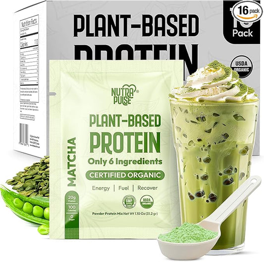 Organic Vegan Protein Powder Sample Pack - Plant-Based Protein, Gluten-Free, Non GMO, 20g Protein Per Serving, Great for Smoothies & Shakes (Matcha, Pack of 16)