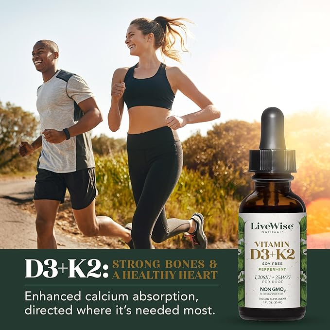 LiveWise Naturals Vitamin D3 with K2 Liquid Drops, All Natural, Non-GMO, USA Made, 1208 IU Vitamin D3 & 25 mcg K2, Supports Bone Health and Energy Levels, Infused with Peppermint, Olive, and MCT Oil