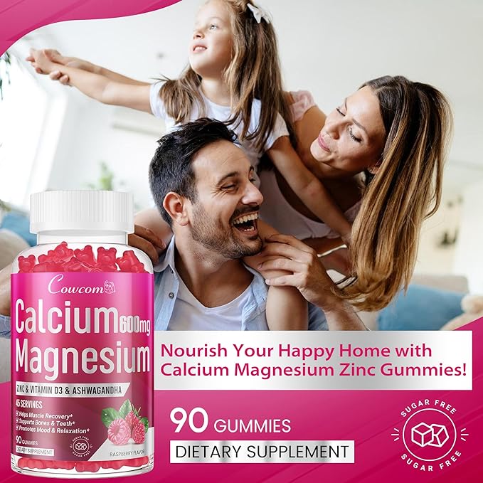 Calcium Magnesium Zinc Gummies for Kids Adults,High Absorption Magnesium Glycinate 300mg with Vitamin D3,B6,B12 for Bone,Muscles,Calm Mood,Sleep Support,Sugar-Free,Vegan,Raspberry Flavor,90 Counts