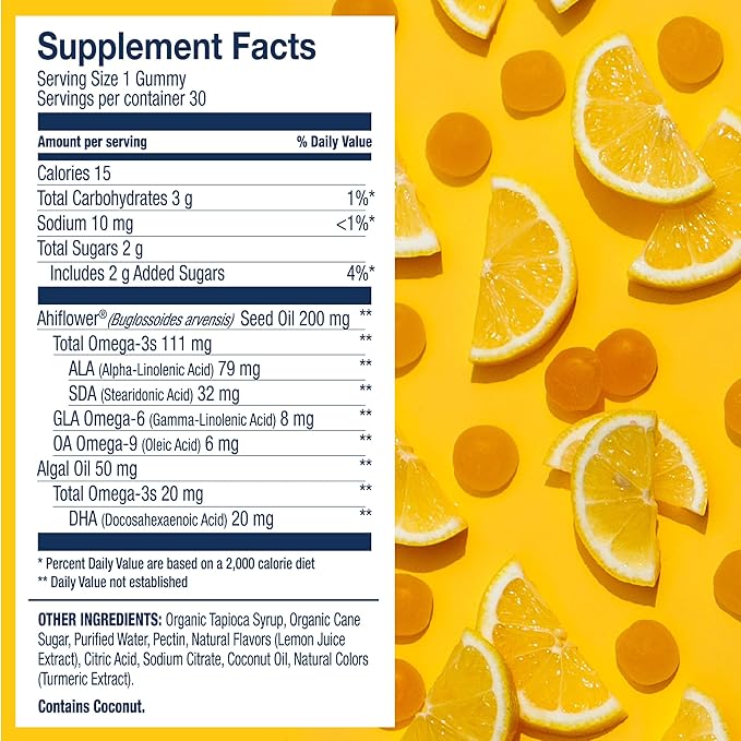 Wiley's Finest Kids Vegan Omega-3 Gummies - Natural Sugar - Vegetarian DHA, ALA & SDA - Gluten Free - Lemon Flavor, 30 Gummies