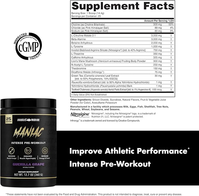Anabolic Warfare Black Series Maniac, Pre-Workout Powder, Supports Nitric Oxide, Muscle Pumps, and Protein Synthesis* Guerilla Grape