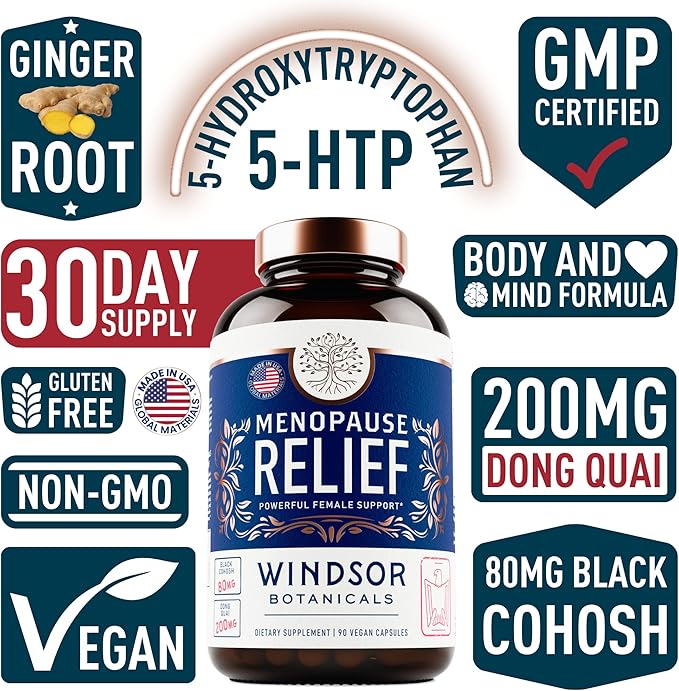 Menopause Supplements for Women - 5-HTP, Dong Quai, Black Cohosh for Menopause Hot Flashes, Night Sweats Relief Support - Womens Pre Meno Premenopausal Perimenopause Supplement - 90 Caps
