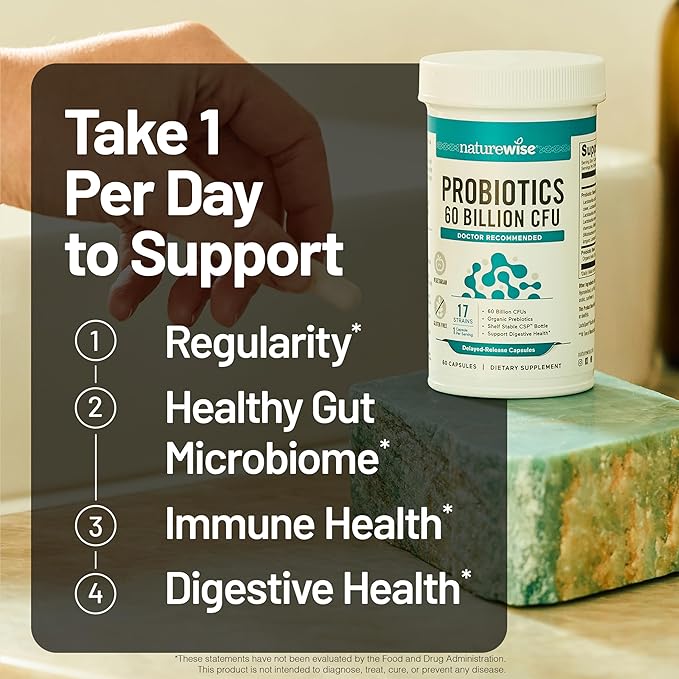 NatureWise Probiotics 60 Billion CFU - 17 Strains + Organic Prebiotics - Immune, Digestive & Gut Health Support for Women & Men - Vegetarian, Gluten-Free, Non-GMO - 30 Capsules[1-Month Supply]
