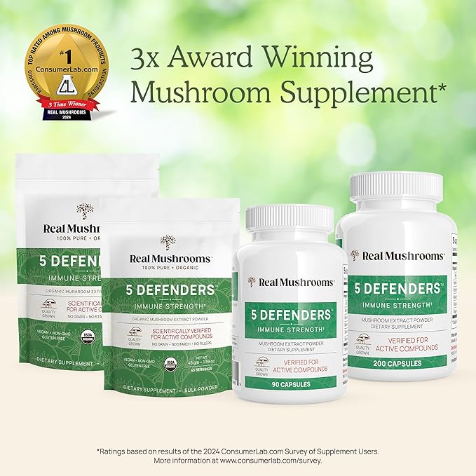 Real Mushrooms 5 Defenders Capsules - Organic Mushroom Extract w/Chaga, Shiitake, Maitake, Turkey Tail, Reishi Supplement Vegan, Non-GMO, 200 Caps