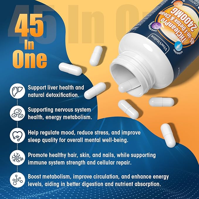 45 in 1 Comprehensive Liver Detox, Zeolite Detox Heavy Metal Detox Full Body Detox Milk Thistle Liver Detox, 100% Natural Maximum Absorption, Energy Immune Support 60 Capsule-Blue023