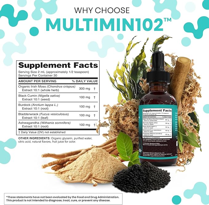 Clean Nutra Organic Sea Moss Drops Supplement | Black Seed Oil Irish Seamoss Ashwagandha Burdock Root & Bladderwrack - Multimineral Liquid Vegan for Gut Heath Energy Skin Immune Support & Hair