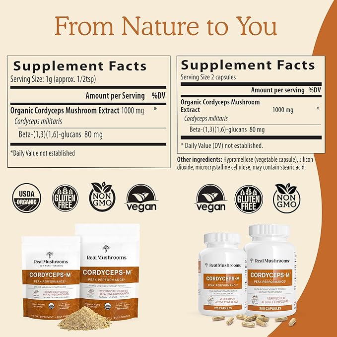 Real Mushrooms Cordyceps Capsules - Performance Mushroom Extract Supplement with Organic Militaris for Energy Immune Support Vegan Supplement, Non-GMO, 120 Caps