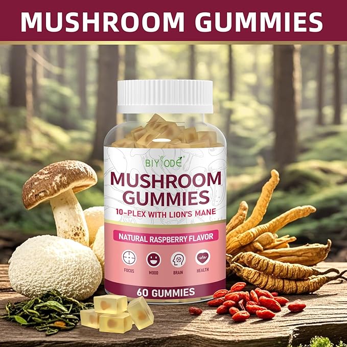 10x Mushroom Gummies: Sugar-Free Adaptogenic Blend with Lion's Mane Reishi Cordyceps Chaga for Stress Relief Focus Natural Calmness 1600mg per Serving 60 Count