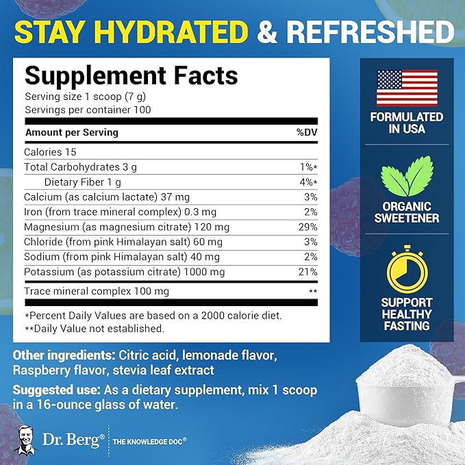 Dr. Berg Zero Sugar Hydration Keto Electrolyte Powder - Enhanced w/ 1000 mg of Potassium & Real Pink Himalayan Salt (NOT Table Salt) - Raspberry & Lemon Flavor Hydration Drink Supplement, 100 Servings