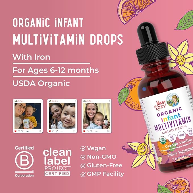 MaryRuth Organics Multivitamin with Iron for Infants | USDA Organic | Liquid Drops for Babies 6-12 Months | Immune Support & Overall Wellness | Vegan | Non-GMO | Gluten Free | 2 Fl Oz