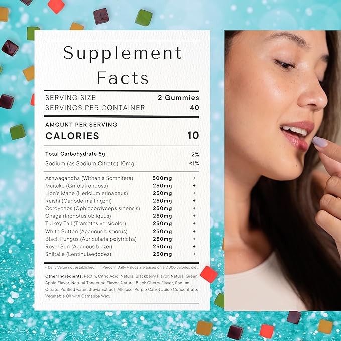 Sugar-Free Ashwagandha & Mushroom Gummies Supplement | 10 Functional Mushrooms per Serving | Immune Support, Focus, Energy | Vegan, Keto, Low Carb, Allulose Sweetener | 80 Gummies, Natural Flavors