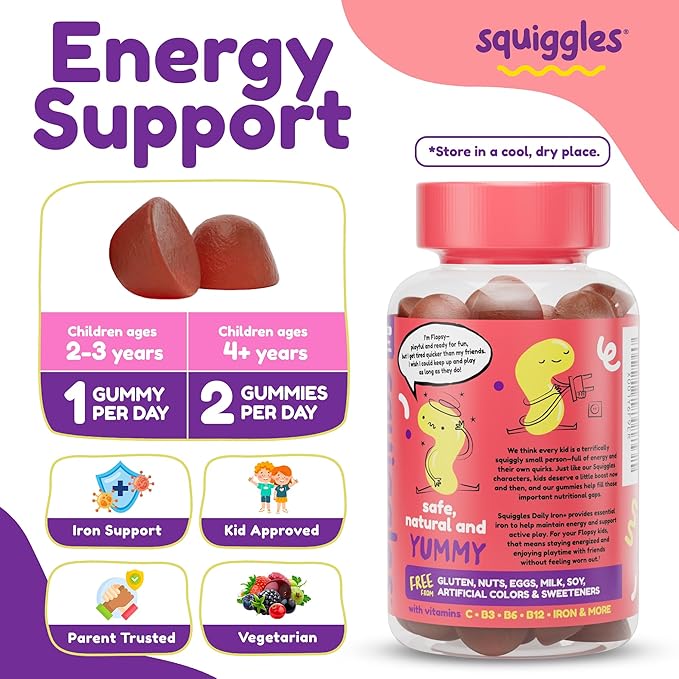 Squiggles Kids Daily Iron+ Gummies - Chewable Supplement with Iron, Multivitamin for Children, Low Sugar, Vegan, Toddler Gummies, Yummy Grape Flavor (100 Count)