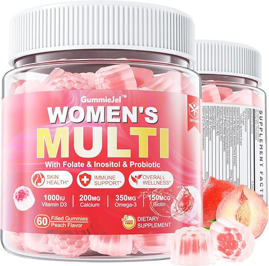 Sugar-Free Womens Multivitamin Gummies, Methylated Multivitamin for Women/w Omega-3, Calcium, Enzymes & Probiotic, Vitamin A, C, D3, Folate, Biotin, Inositol - Skin, Hair Growth, Immune, Bone - Vegan