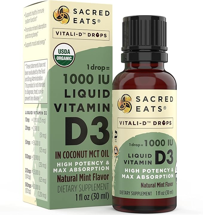 Organic Liquid Vitamin D Drops for Kids & Adults, Sugar Free. Easy to Use 1,000 IU/Drop in Coconut MCT Oil. Lasts Months, Best for High Doses. Max Absorption VIT D3 Supplement. Great Taste (Mint)