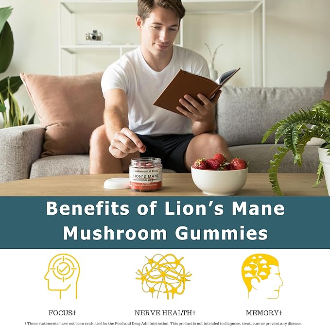 Organic Lion's Mane Mushroom Gummies | 90 Servings | Brain Health, Focus, Clarity, & Memory Mushroom Supplement Gummies | 90 Organic Lions Mane Gummies for Adults
