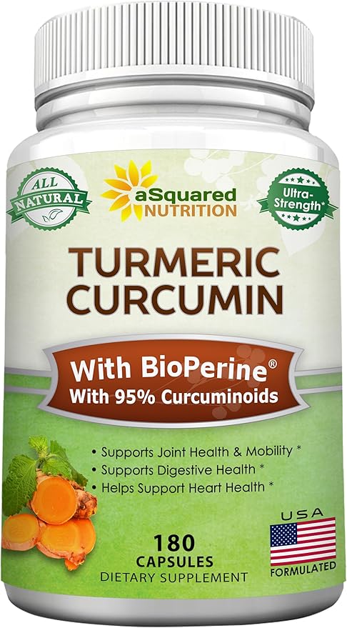 aSquared Nutrition Turmeric Curcumin 1300mg with BioPerine Black Pepper Extract - 180 Capsules - with 95% Curcuminoids, 100% Natural Tumeric Root Powder Supplements, Pure & Joint Stiffness Pills