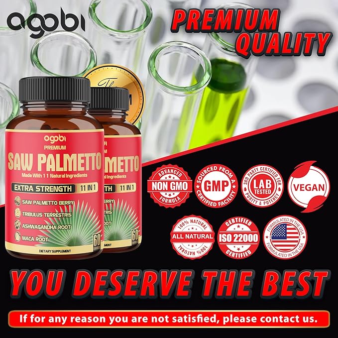 2 Packs 60 Counts 4 Months - Saw Palmetto Capsules 5300 mg - 11in1 with Ashwagandha, Turmeric, Tribulus, Maca, Green Tea, Holy Basil & More - Extract for Prostate, Skin & Immune Support