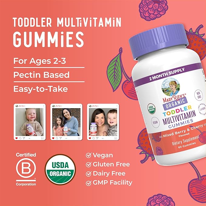 MaryRuth Organics Vitamin Gummy | Kids and Toddlers Age 2+ | USDA | Daily Vitamin C | D3 | Zinc | Mixed Berry and Cherry | 2 Month Supply
