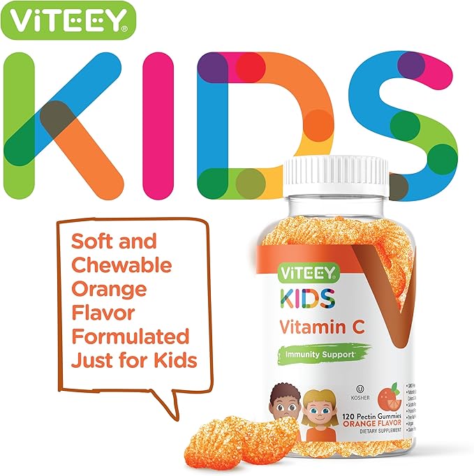 Kids Vitamin C Gummies - Immune Support for Kids, Toddlers, & Teens - Vegan, Gelatin Free, Gluten Free, GMO Free - Tasty Chewable Orange Flavored Kids Immunity Gummy
