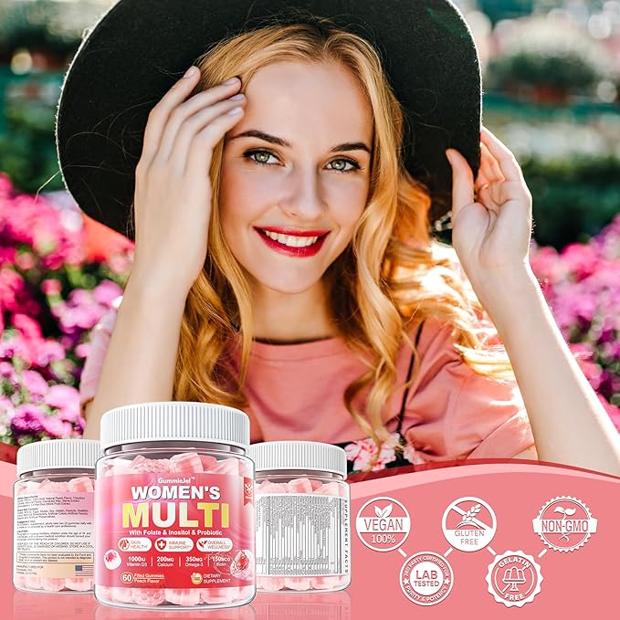 Sugar-Free Womens Multivitamin Gummies, Methylated Multivitamin for Women/w Omega-3, Calcium, Enzymes & Probiotic, Vitamin A, C, D3, Folate, Biotin, Inositol - Skin, Hair Growth, Immune, Bone - Vegan
