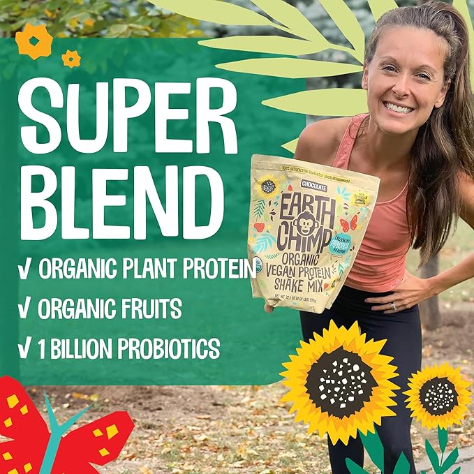 EarthChimp Organic Vegan Protein Powder - with Probiotics - Non GMO, Dairy Free, Non Whey, Plant Based Protein Powder for Women and Men, Gluten Free - 26 Servings 32 Oz (Chocolate)
