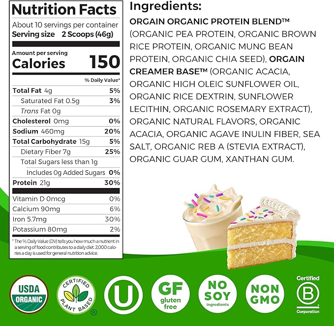 Orgain Organic Vegan Protein Powder, Birthday Cake - 21g Plant Based Protein, 7g Prebiotic Fiber, Low Net Carb, No Lactose Ingredients, No Added Sugar, Non-GMO, for Shakes & Smoothies, 1.02 lb