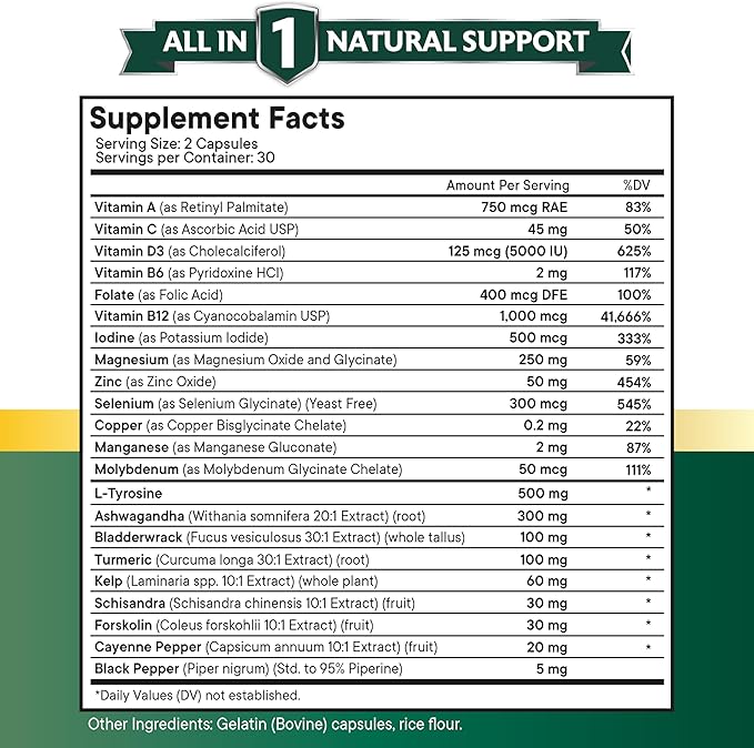 NEW AGE Selenium, Zinc, Iodine, L Tyrosine, Ashwagandha - Supplement for Women and Men with Bladderwrack, Turmeric, Silica Kelp, Schisandra - 120 Count