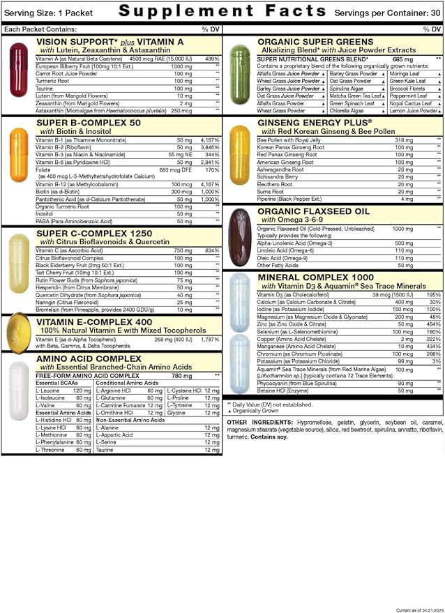 Fresh Start Complete Daily Vitamin Pack | Energy Booster & Stress Support | Vitamin A, B, C, D, E, B12, Minerals, Amino Acids, Omega-3-6-9, Panax Ginseng, Super Greens (30 Packets)