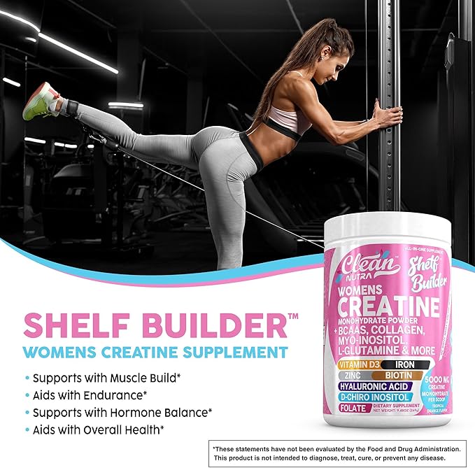 Creatine for Women | Creatine Monohydrate + BCAA Powder Myo-Inositol Collagen Biotin Hyaluronic Acid Folate L Glutamine Vitamin D3 Iron Zinc D-Chiro-Maca Digestion Shelf Builder by Clean Nutra