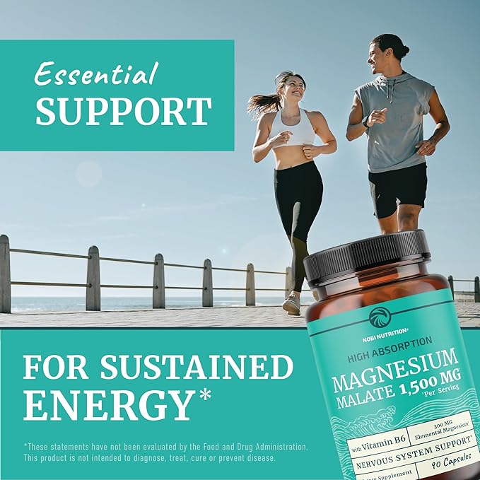 Magnesium Malate 1500MG | Energy & Nervous System Support | 300MG Elemental Mag Per Serving | High Absorption Magnesium Malate Capsules with VIT B6 + Black Pepper | Non-GMO | 90 Ct (1 Month Supply)