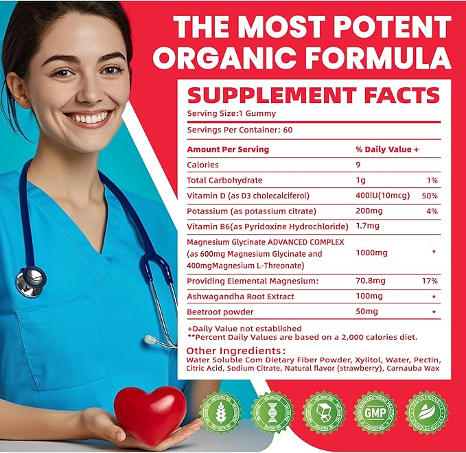 Potassium Magnesium Gummies,Potassium Supplement w/Ashwagandha,High Absorption Magnesium Glycinate,B6,D3,Potassium Citrate,Electroyte for Adults Kids,Sugar-Free, 120 Strawberry Chews