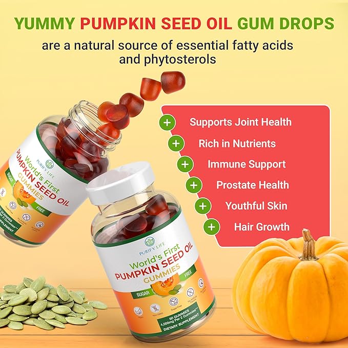 Sugar-Free Pumpkin Seed Oil Gummies (4,000mg/serving) Pumpkin Seed Oil for Hair Growth, Youthful Skin, Prostate Health, Immune & Urinary Tract Support-Natural Source of Essential Fatty Acids-60 Chews
