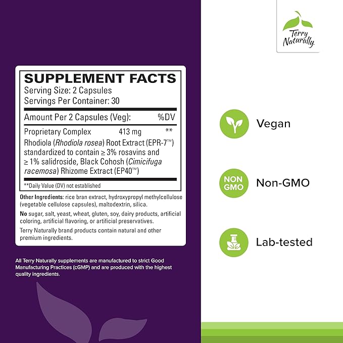 Terry Naturally Menopause Relief Plus - Menopause Symptom Supplement - Supplement to Aid Against Occasional Tiredness & Night Sweats - Supplement with Rhodiola & Black Cohosh - 60 Capsules