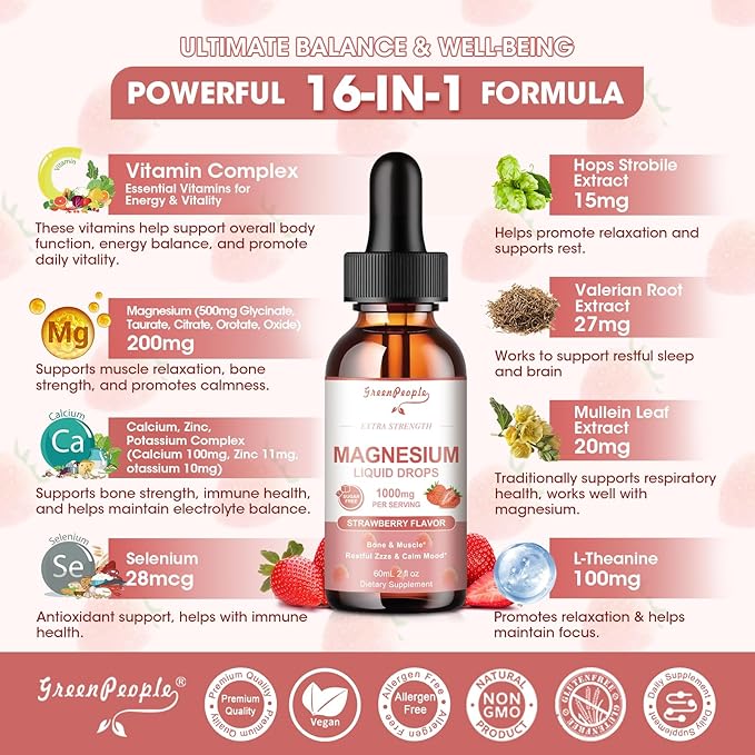 Magnesium Glycinate Liquid Drops - 1000mg 5-in-1 High Absorption Liquid Magnesium Complex with D3/K2/B6 | Fast-Acting, Bone, Muscle & Sleep | Sugar-Free Strawberry Flavor, 2fl Oz