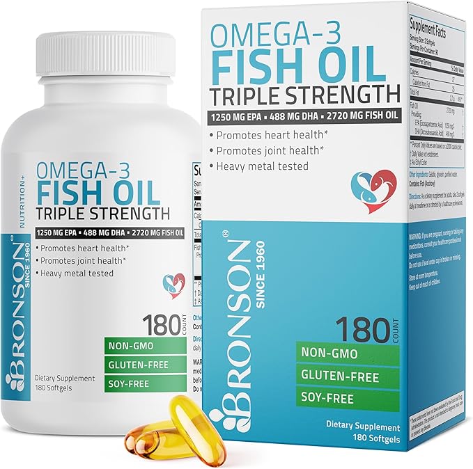 Bronson Omega 3 Fish Oil Triple Strength 2720 mg, High EPA 1250 mg DHA 488 mg, Non-GMO Heavy Metal Tested, 180 Softgels