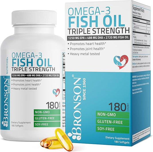 Bronson Omega 3 Fish Oil Triple Strength 2720 mg, High EPA 1250 mg DHA 488 mg, Non-GMO Heavy Metal Tested, 180 Softgels